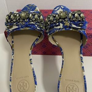 Tory Burch Blue Metallic Floral Valentina 45 MM Bow Slide Barricade Sandals 71/2
